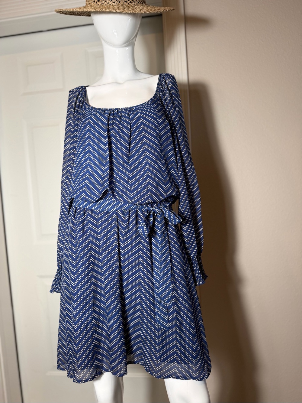 Bongo~Navy & Tan~Semi~Sheer~Dotted Chevron Design~Midi Dress~Long Sleeve~Size XL